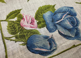 Tagged Vintage Linen Handkerchief Blue and Pink Roses and Rosebuds