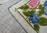Tagged Vintage Linen Handkerchief Blue and Pink Roses and Rosebuds