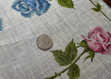 Tagged Vintage Linen Handkerchief Blue and Pink Roses and Rosebuds