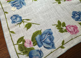 Tagged Vintage Linen Handkerchief Blue and Pink Roses and Rosebuds