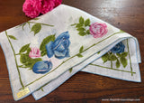 Tagged Vintage Linen Handkerchief Blue and Pink Roses and Rosebuds