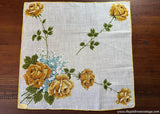 Vintage Yellow Rose Blue Forget Me Nots Linen Handkerchief