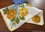 Vintage Yellow Rose Blue Forget Me Nots Linen Handkerchief