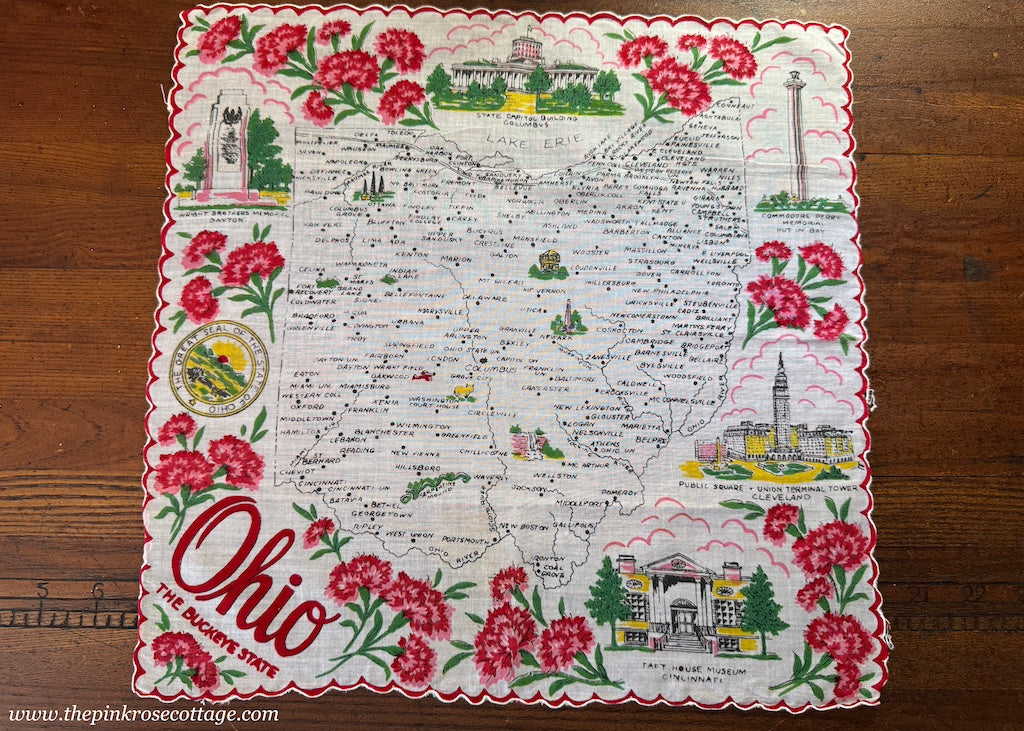 Vintage Ohio State Map Souvenir Handkerchief - The Pink Rose Cottage 
