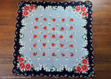 Vintage Handkerchief Pink Red Posies on Black and Gray - The Pink Rose Cottage 