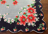 Vintage Handkerchief Pink Red Posies on Black and Gray - The Pink Rose Cottage 