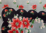 Vintage Handkerchief Pink Red Posies on Black and Gray - The Pink Rose Cottage 