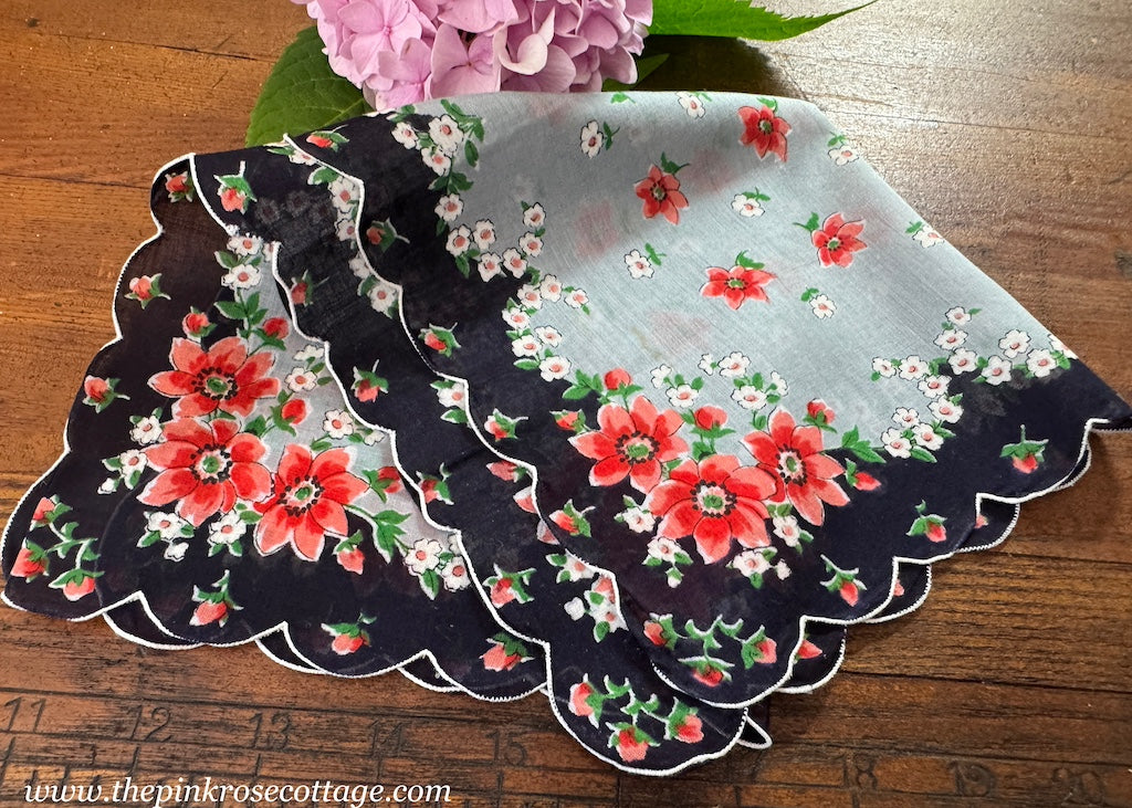 Vintage Handkerchief Pink Red Posies on Black and Gray - The Pink Rose Cottage 