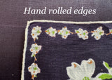 Tagged Burmel Vintage White Dogwood Navy Handkerchief - The Pink Rose Cottage 