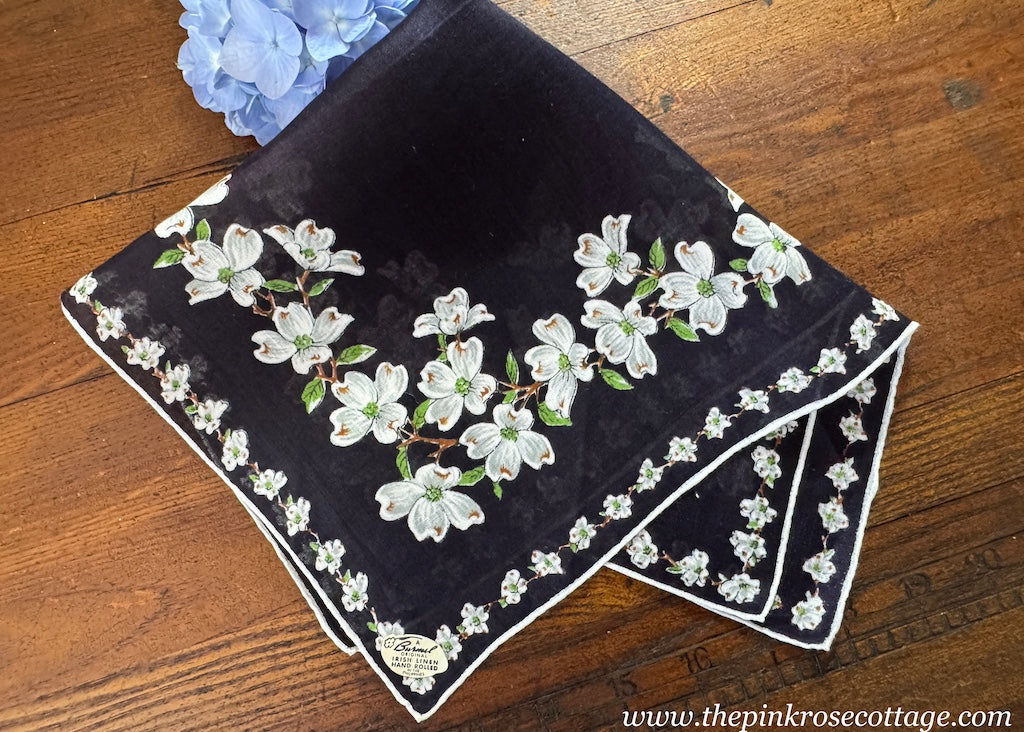 Tagged Burmel Vintage White Dogwood Navy Handkerchief - The Pink Rose Cottage 