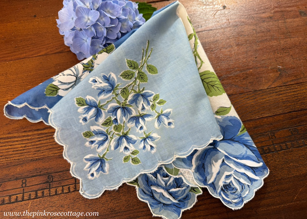 Vintage Blue and White  Roses Handkerchief - The Pink Rose Cottage 