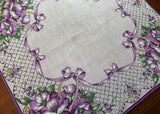 Unused Vintage Handkerchief Purple Poppies in Baskets - The Pink Rose Cottage 