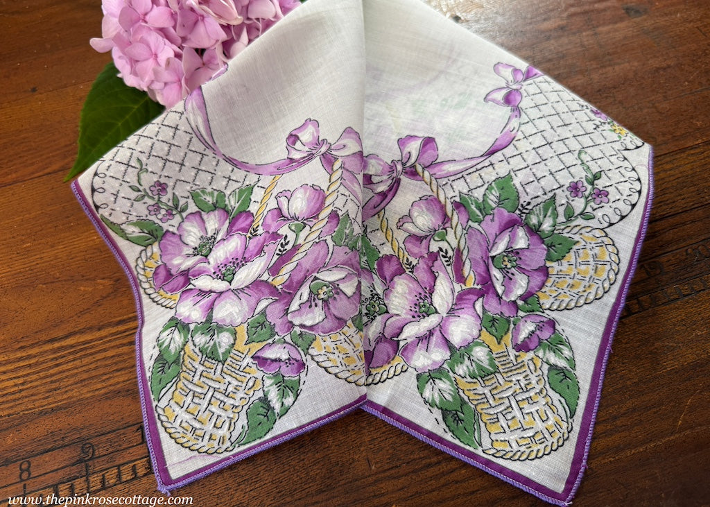 Unused Vintage Handkerchief Purple Poppies in Baskets - The Pink Rose Cottage 
