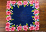 Vintage Pink Hibiscus Blue Forget Me Not Navy Handkerchief - The Pink Rose Cottage 