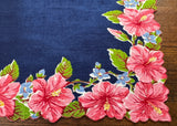 Vintage Pink Hibiscus Blue Forget Me Not Navy Handkerchief - The Pink Rose Cottage 