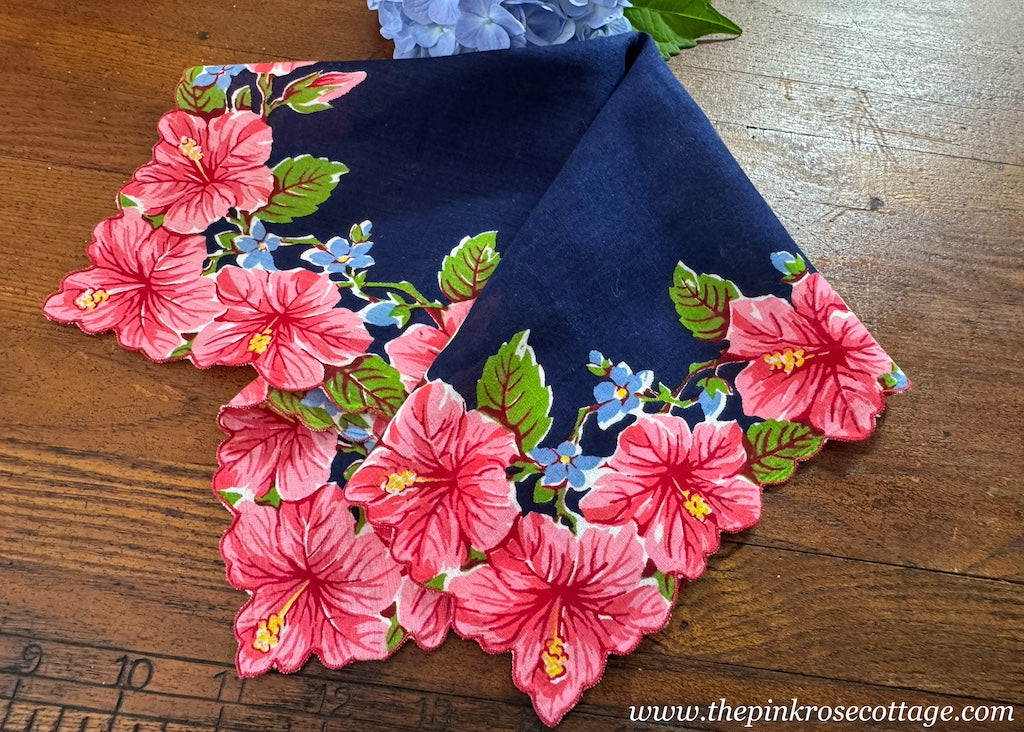 Vintage Pink Hibiscus Blue Forget Me Not Navy Handkerchief - The Pink Rose Cottage 