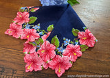 Vintage Pink Hibiscus Blue Forget Me Not Navy Handkerchief - The Pink Rose Cottage 