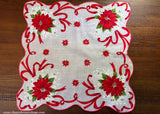 Vintage Poinsettia Red Ribbon and White Lace Christmas Handkerchief
