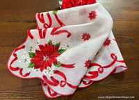 Vintage Poinsettia Red Ribbon and White Lace Christmas Handkerchief