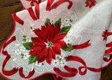 Vintage Poinsettia Red Ribbon and White Lace Christmas Handkerchief
