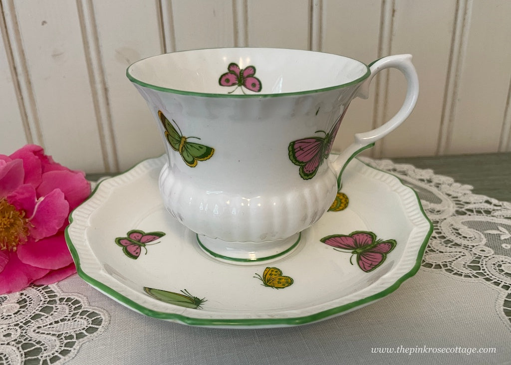 Vintage Crown Staffordshire Colorful Butterfly Teacup and Saucer