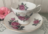 Vintage Queen Anne Pink Rose Happy Birthday Teacup and Saucer