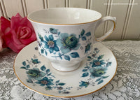 Vintage Queen Anne Blue Rose Clematis Teacup and Saucer