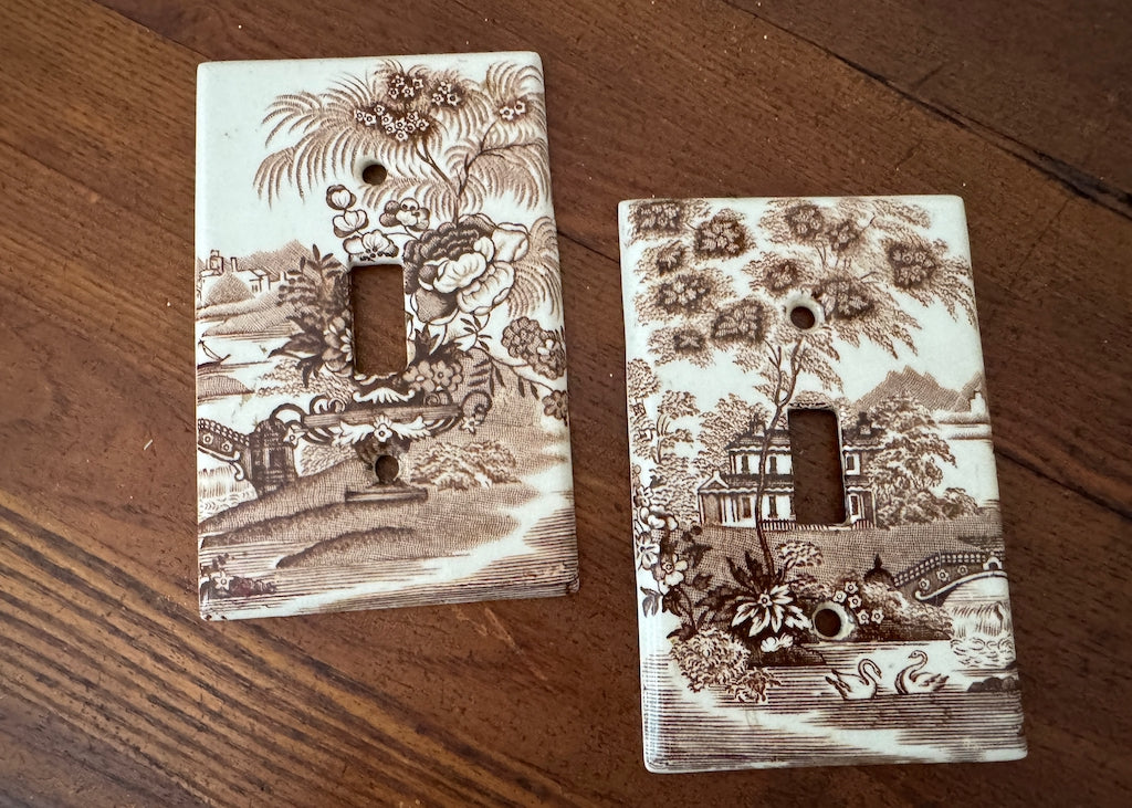 Vintage Clarice Cliff Tonquin Brown Transferware Light Switch Plates Made in England Set of 2