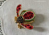 Joan Rivers Watermelon Bumble Bee Enamel and Rhinestones Pin