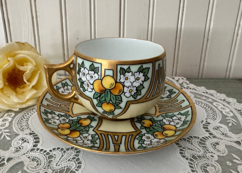 Antique Rosenthal Selb Bavaria Art Nouveau Oranges and Blossoms Teacup and Saucer