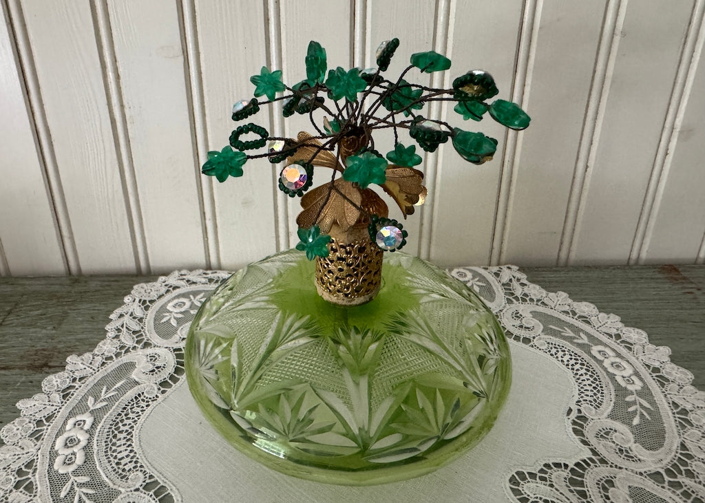 Vintage Emerald Green Cut Glass Perfume Bottle Jeweled Rhinestone Floral Topper