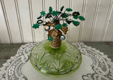 Vintage Emerald Green Cut Glass Perfume Bottle Jeweled Rhinestone Floral Topper