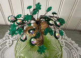 Vintage Emerald Green Cut Glass Perfume Bottle Jeweled Rhinestone Floral Topper