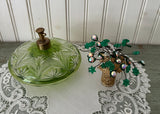 Vintage Emerald Green Cut Glass Perfume Bottle Jeweled Rhinestone Floral Topper