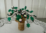 Vintage Emerald Green Cut Glass Perfume Bottle Jeweled Rhinestone Floral Topper