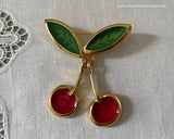 Vintage Enameled Cherry Cherries Pin Brooch