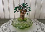 Vintage Emerald Green Cut Glass Perfume Bottle Jeweled Rhinestone Floral Topper