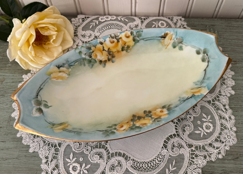 Vintage Hand-Painted Porcelain Yellow Rose Relish Tray Trinket Dish