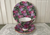 Vintage Royal Standard Black Chintz Pink Roses Hydrangeas Teacup Trio