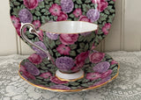 Vintage Royal Standard Black Chintz Pink Roses Hydrangeas Teacup Trio