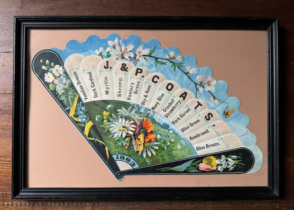 1883 J. & P. Coats Thread Advertising Fan Die-Cut Paper Trade Card Framed