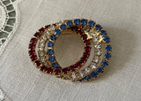 Vintage Patriotic Red White Blue Rhinestone Looped Circle Pin Brooch