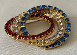 Vintage Patriotic Red White Blue Rhinestone Looped Circle Pin Brooch