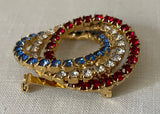 Vintage Patriotic Red White Blue Rhinestone Looped Circle Pin Brooch