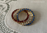 Vintage Patriotic Red White Blue Rhinestone Looped Circle Pin Brooch