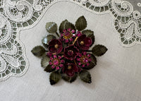 Vintage Pink Enamel Flower Bouquet Brooch with Green Enamel Leaves and Rhinestones