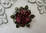 Vintage Pink Enamel Flower Bouquet Brooch with Green Enamel Leaves and Rhinestones