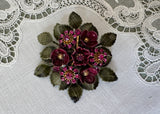 Vintage Pink Enamel Flower Bouquet Brooch with Green Enamel Leaves and Rhinestones
