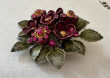 Vintage Pink Enamel Flower Bouquet Brooch with Green Enamel Leaves and Rhinestones