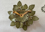 Vintage Pink Enamel Flower Bouquet Brooch with Green Enamel Leaves and Rhinestones